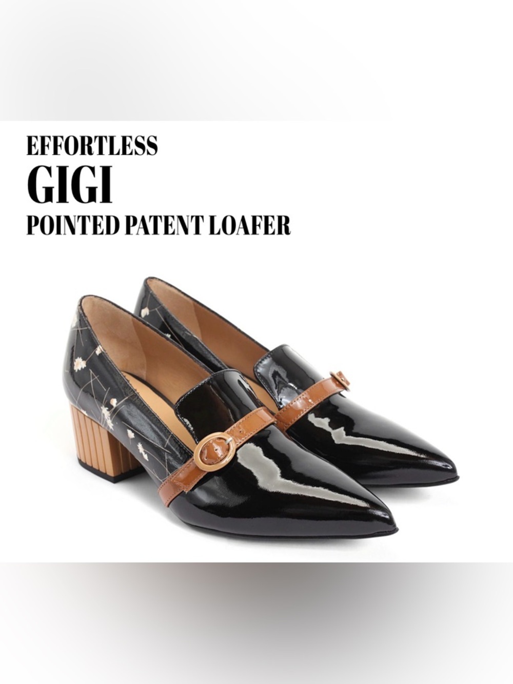 John Fluevog Black Patent Pointed Loafers with Brown Strap 9.5 39.5